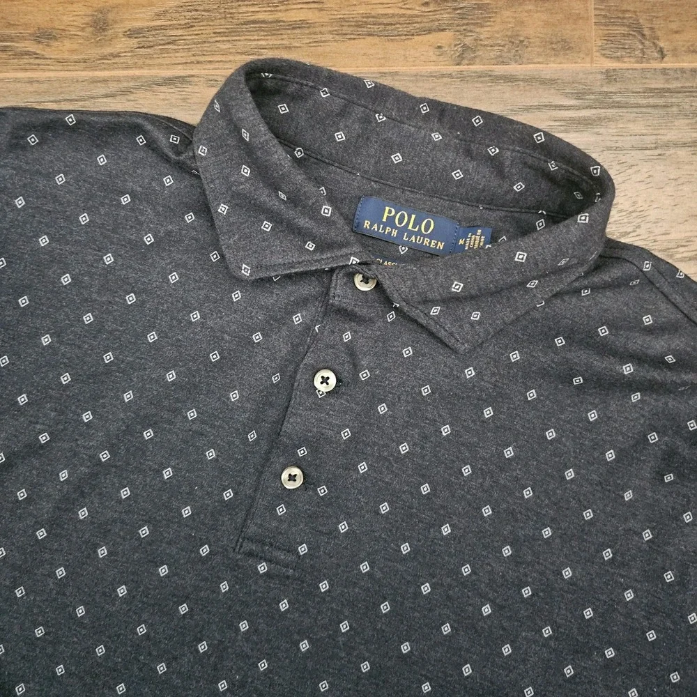Polo‎ Ralph Lauren Mens Medium Shirt Blue Geometric Print Short Sleeve Stretch
